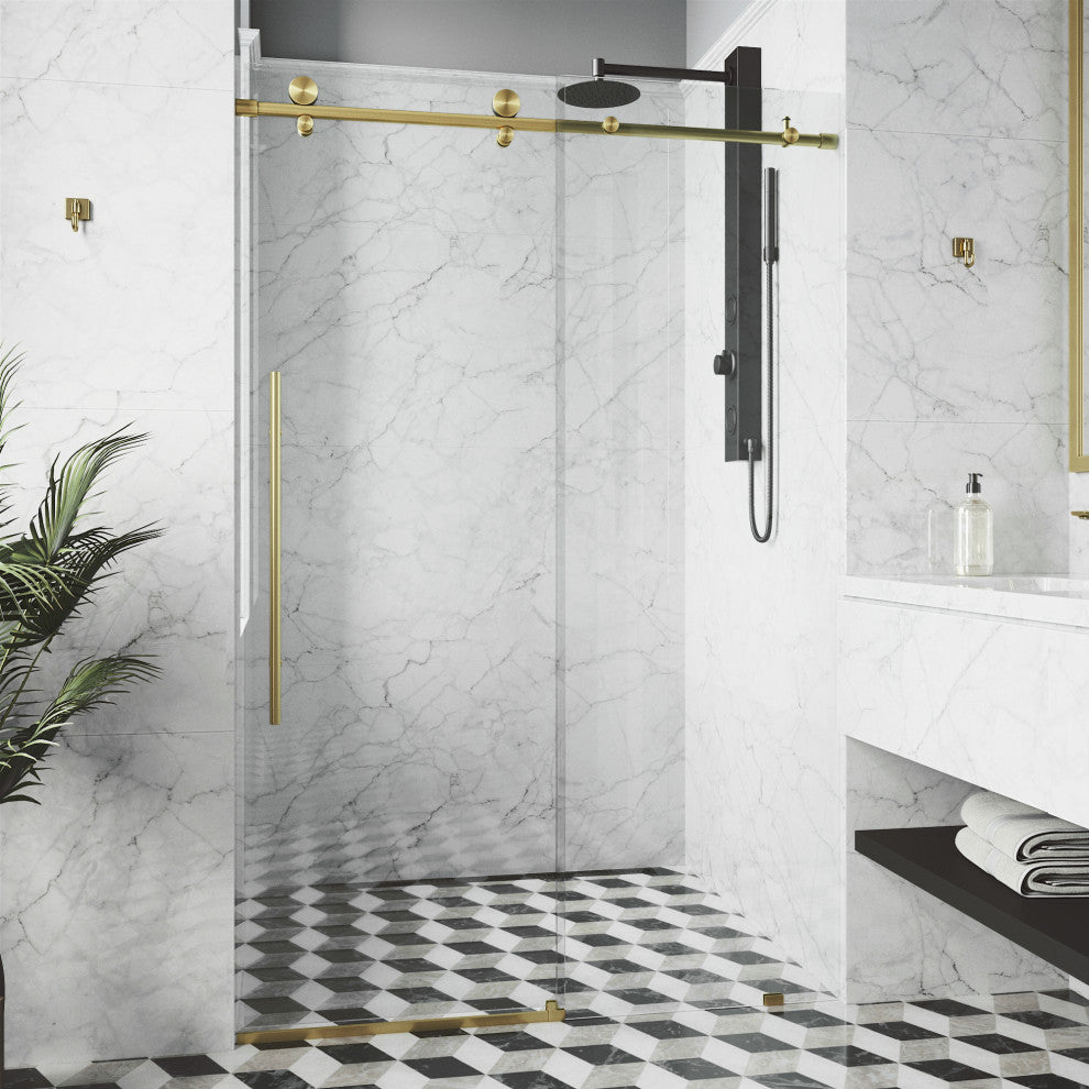 VIGO Elan E-Class 52" to 56" W x 76" H Frameless Sliding Shower Door, Matte Gold, Clear Glass