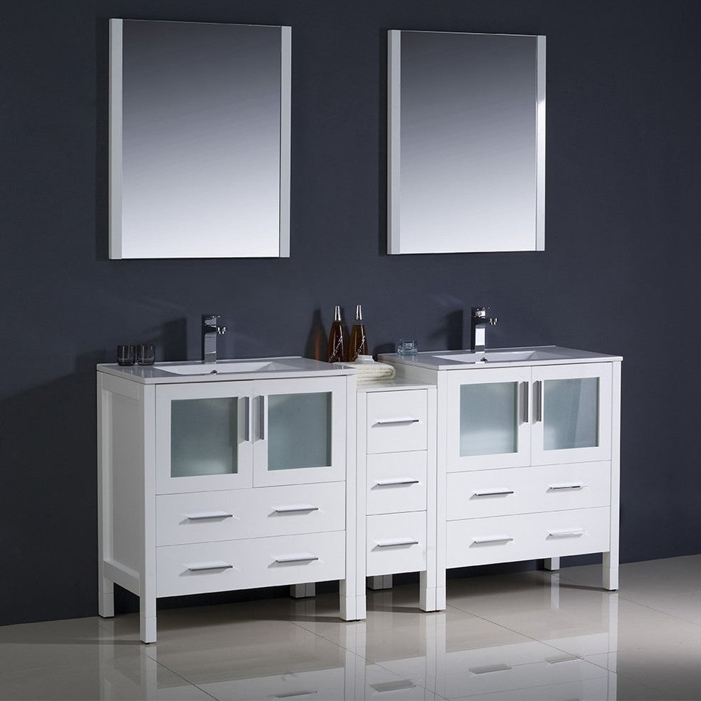Torino 72" White Modern Double Sink Bathroom Vanity, Faucet FFT9151BN
