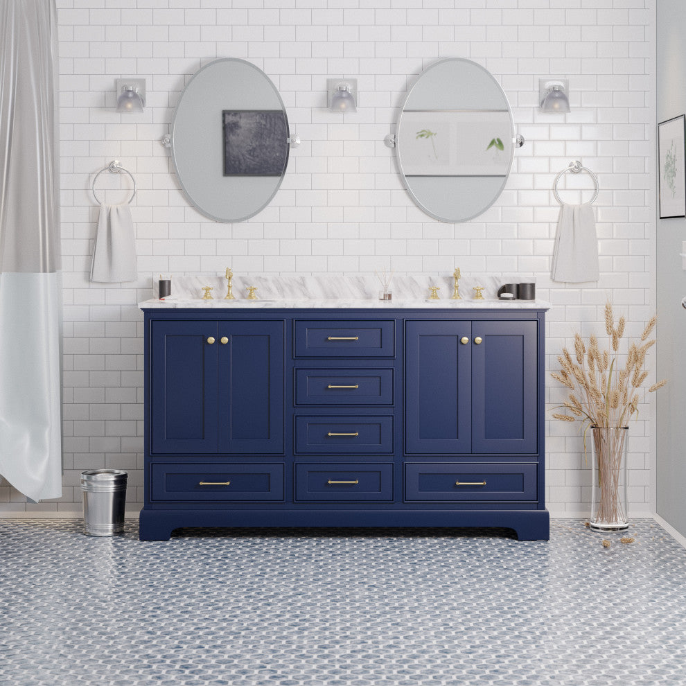 Harper 60" Bathroom Vanity, Royal Blue, Carrara Marble, Double