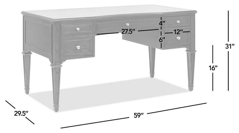 Dauphin 59" Ash Wood Gold Accent 5-Drawer Executive Desk, Walnut Brown Wood