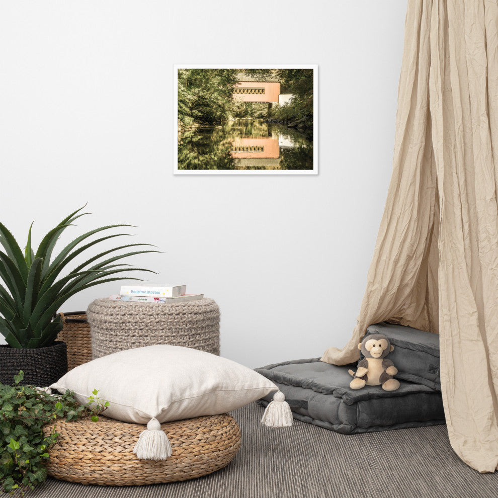 The Reflections of Wooddale Covered Bridge Aged Framed Photo Wall Art Print, White, 18" X 24"