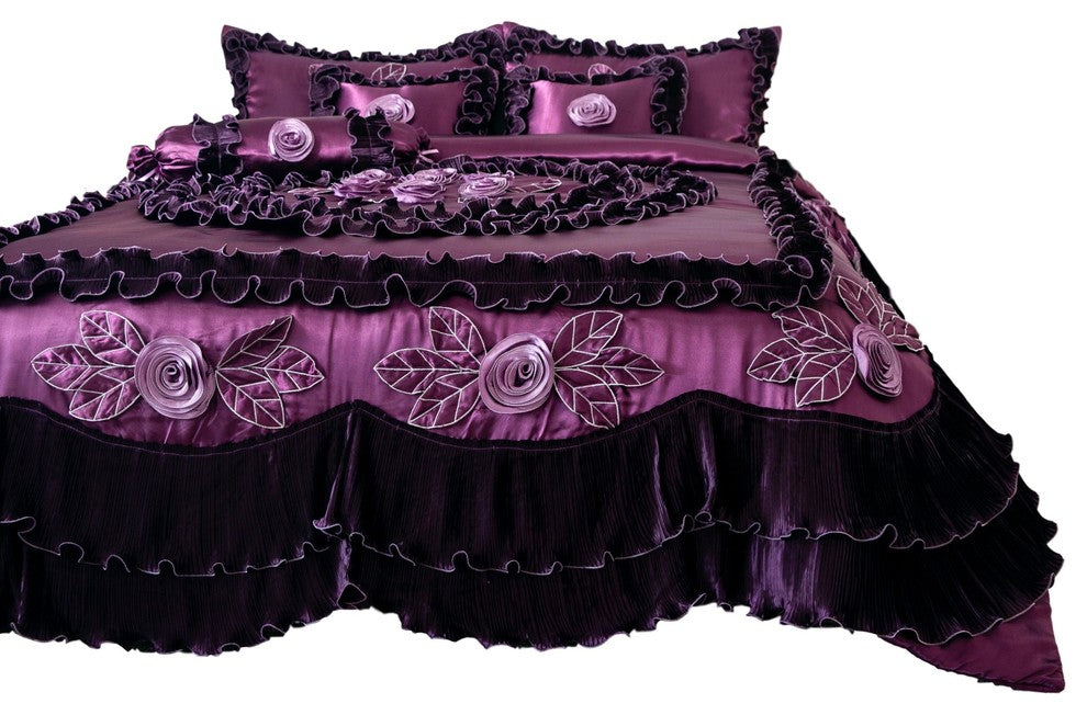 Purple Midnight Bloom Faux Satin Ruffle Comforter Set, Cal King