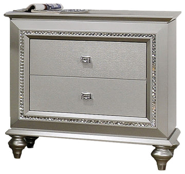 2 Drawer Spacious Nightstand with Mirror Beveled Pulls, Silver