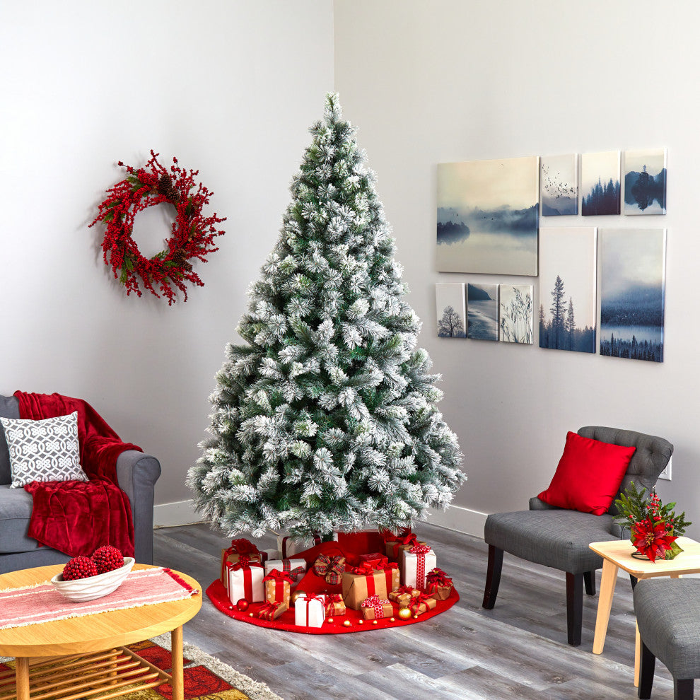 8' Flocked Oregon Pine Faux Xmas Tree W/500 Clear Lights & Bendable Branches