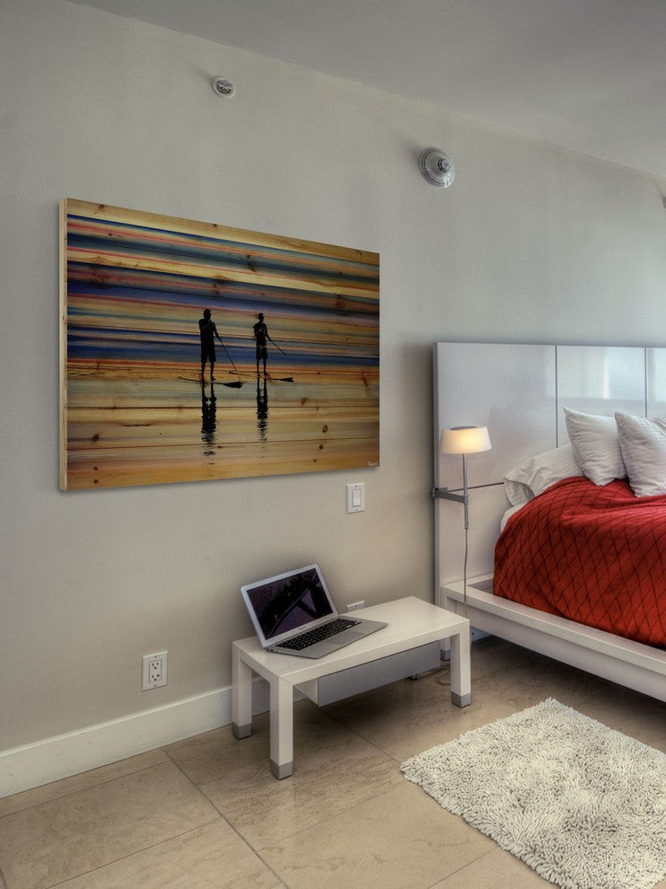 "Beach Surf" Print on Natural Pine Wood, 36"x24"