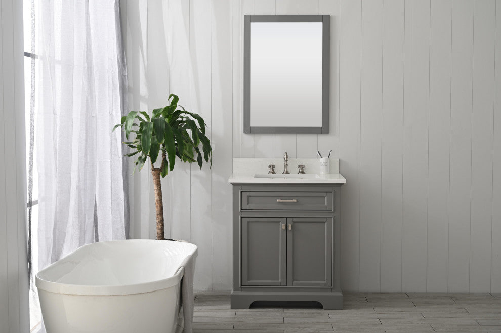 Milano Bathroom Vanity, Gray With White Quartz Top, Grey, 30", Non-Modular, Single Sink