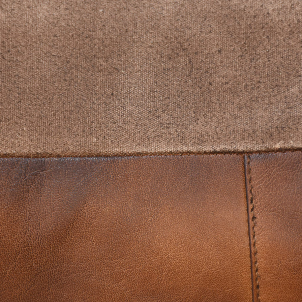 Geometric Handmade Leather Pouf, Recycled Foam With Fiber Fill, Cognac Color, Square, 16x16x16