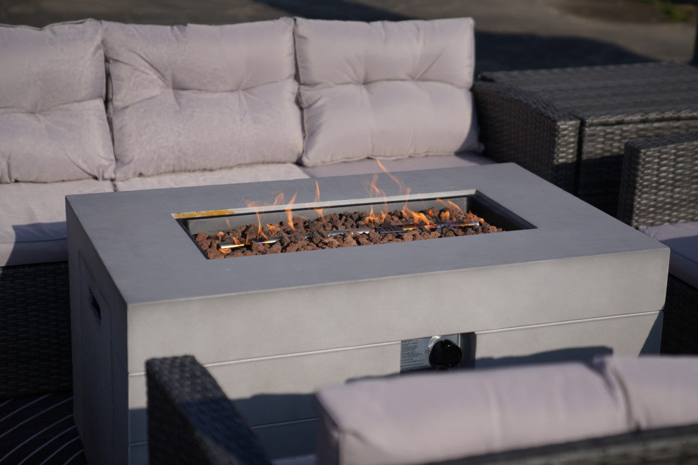 7-Piece Outdoor Rattan Conversation Sofa Set with Fire Pit Table, Brown, Rectangle