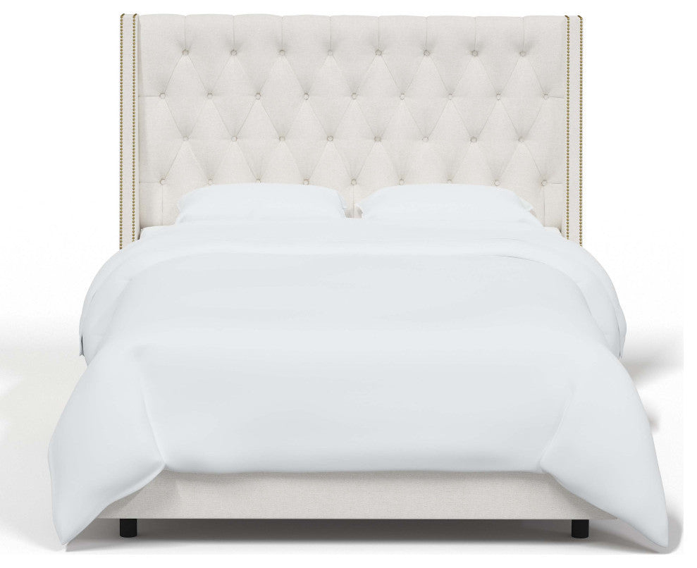 Tufted Sloped Wingback Bed, Nail Trim, Zuma White, King