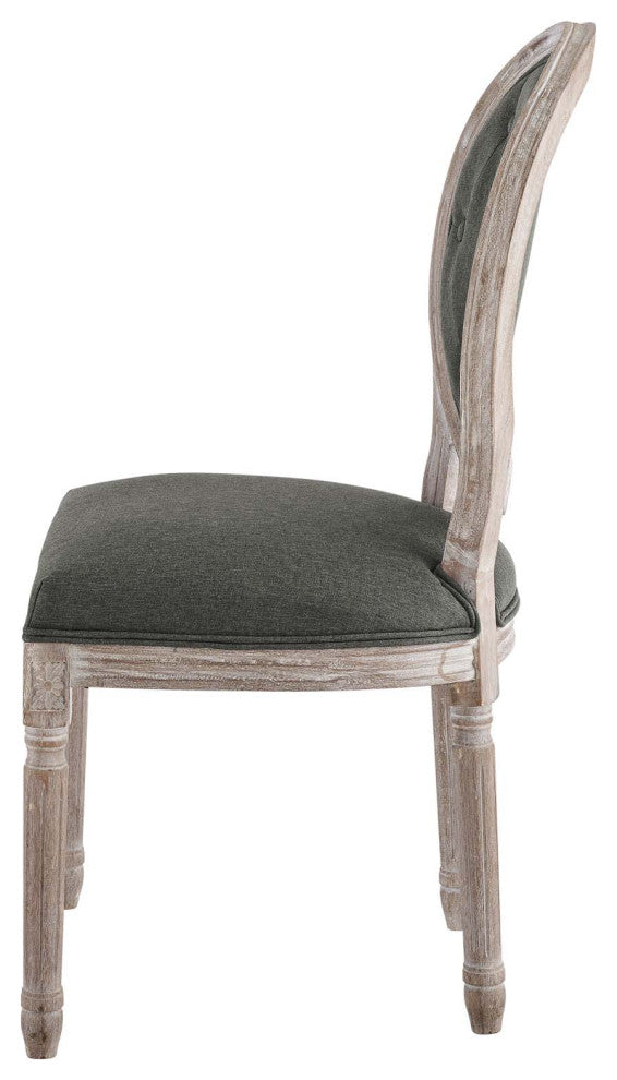 French Vintage Side Dining Chair, Fabric, Wood, Brown Natural Gray, Modern