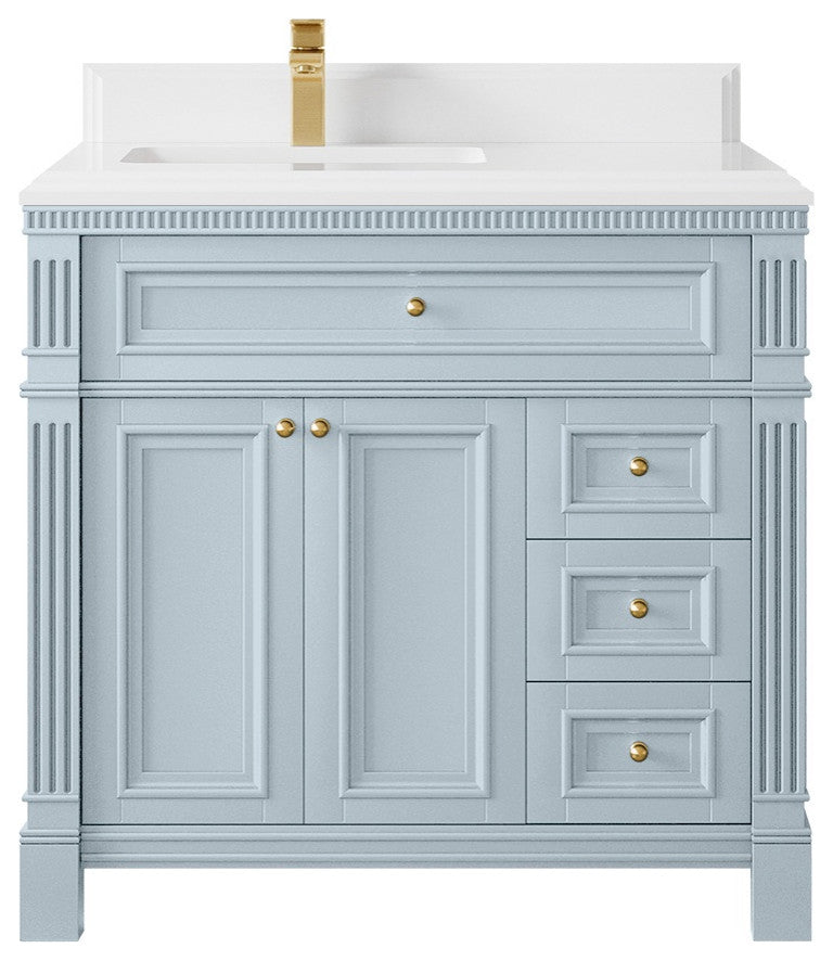 Paris 36" Left Offset Bathroom Vanity, Blue Heather 1.5" White Quartz