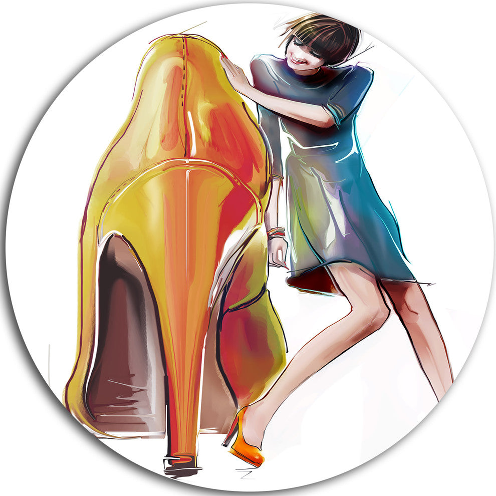 Girl In Love With High-Heel Shoes, Digital Round Metal Wall Art, 23"