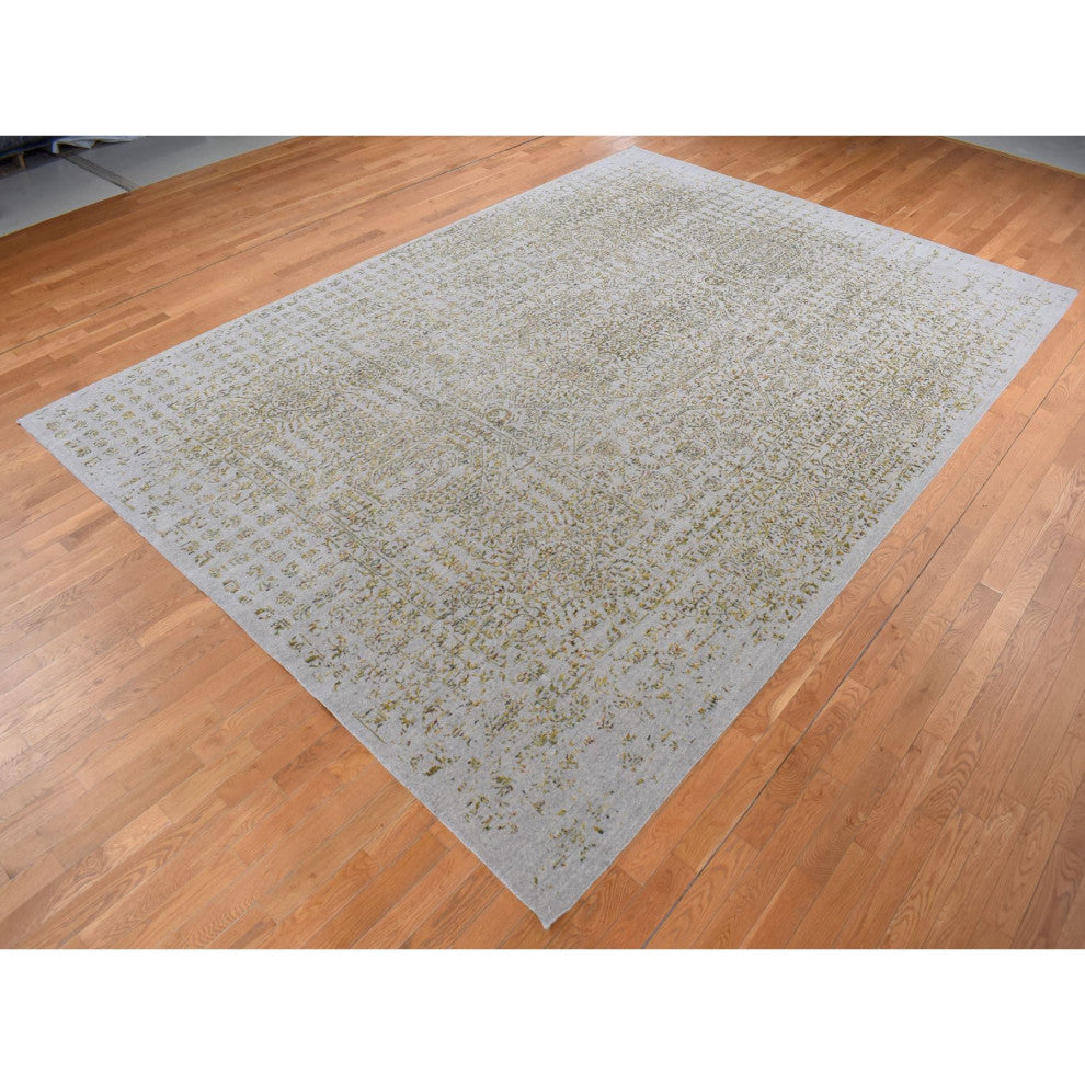 Silk Gray, Broken Mamluk Design, Hand Loomed, Wool and Silk Rug, 9'10"x14'