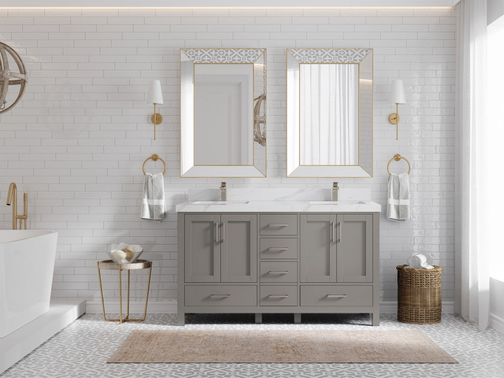 Malibu 60 Double Sink Bathroom Vanity in Elephant Skin Gray 2" Calacatta Sienna
