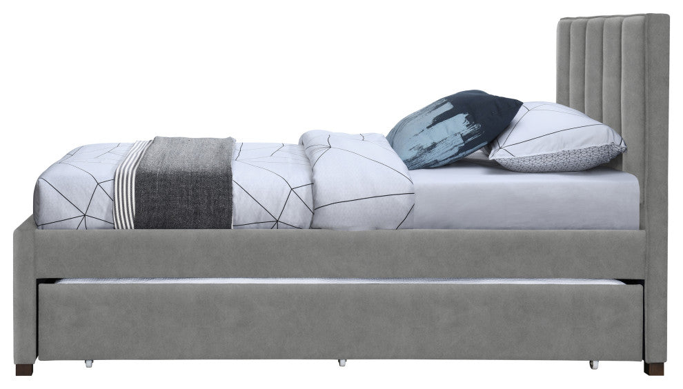 Hudson Beige Faux Leather Twin Trundle Bed, Gray