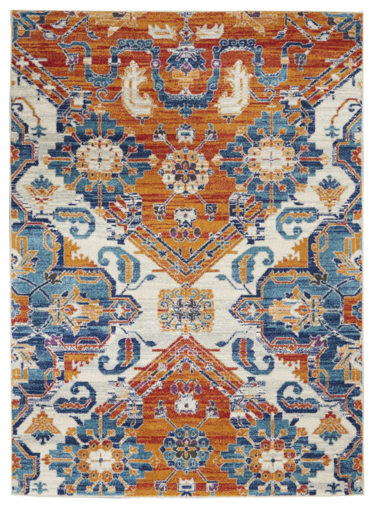5' X 7' Orange And Ivory Floral Power Loom Area Rug