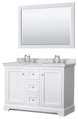 48" Double Vanity in White, White Marble Countertop, UM Oval Sinks, 46" Mirror