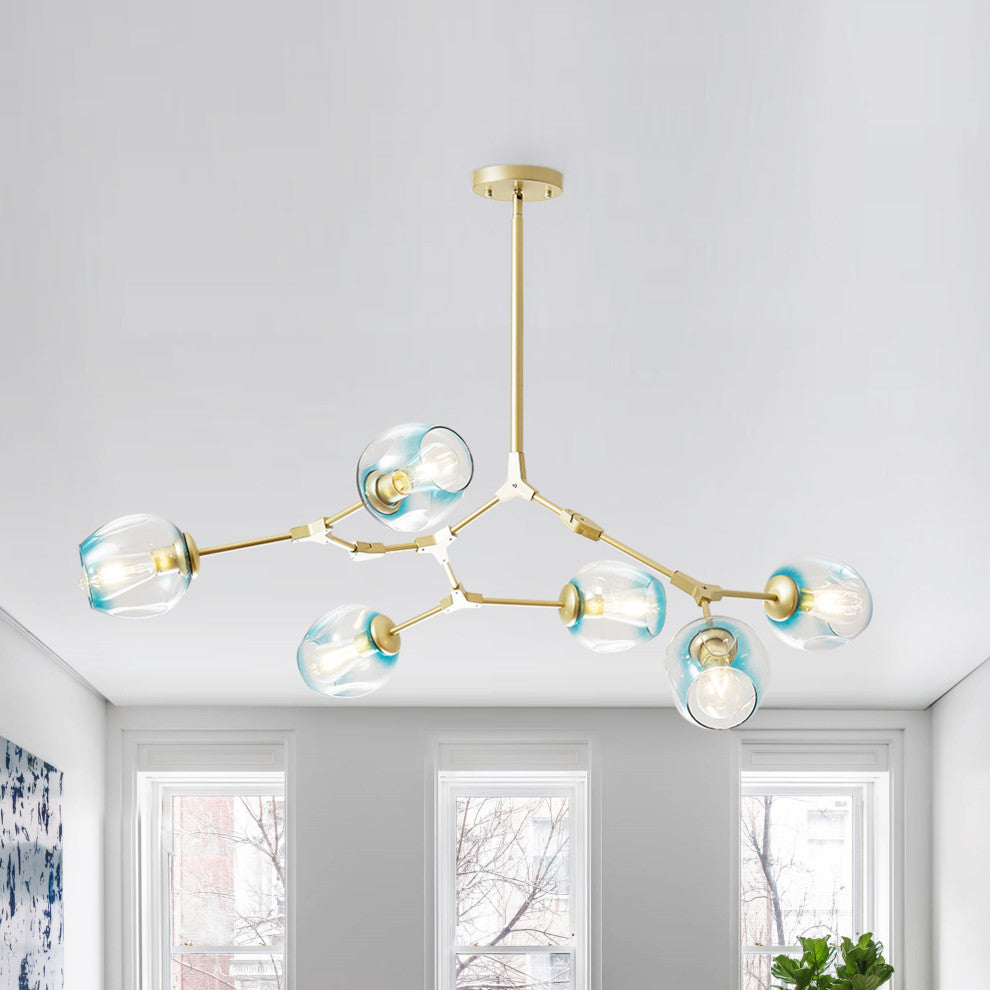 8-Light Adjustable Colorful Glass Shades Chandelier Pendant,Clear Glass Shades, Blue, 6light