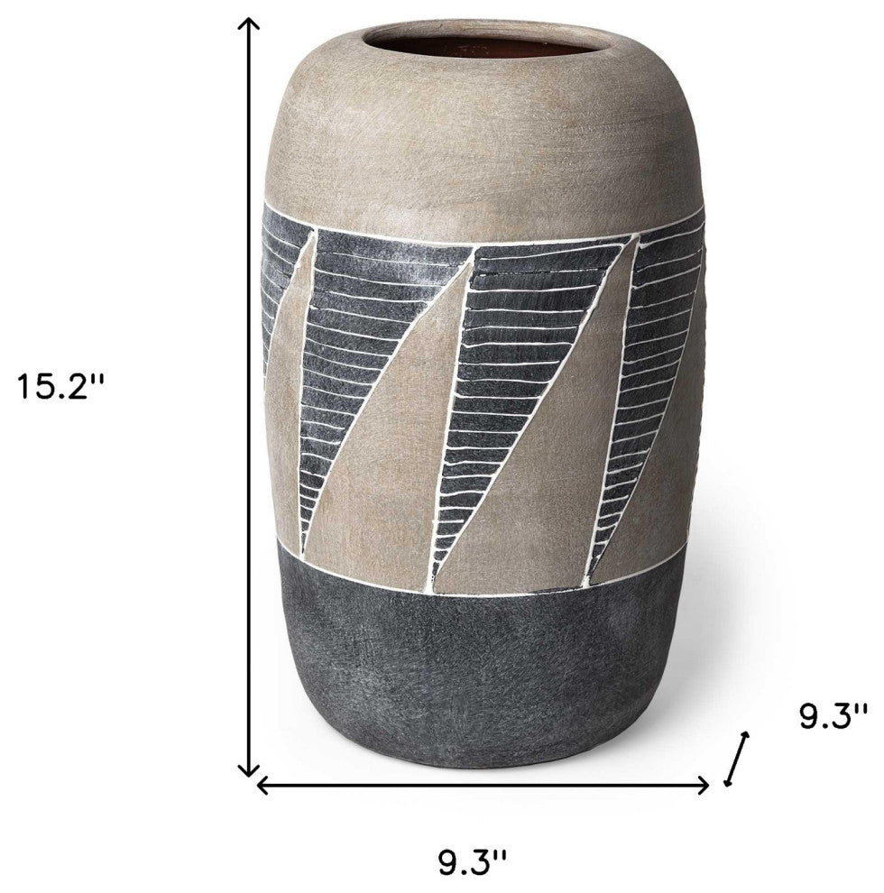 15" Brown And Gray Geometric Tribal Ceramic Table Vase