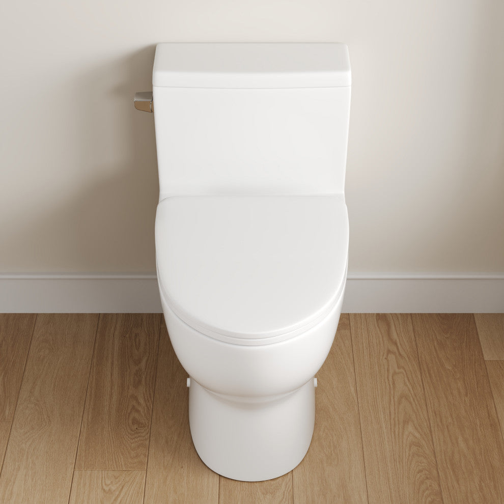 White One-Piece Toilet Comfortable Seat Height Single Efficient Flush 1.28 GPF