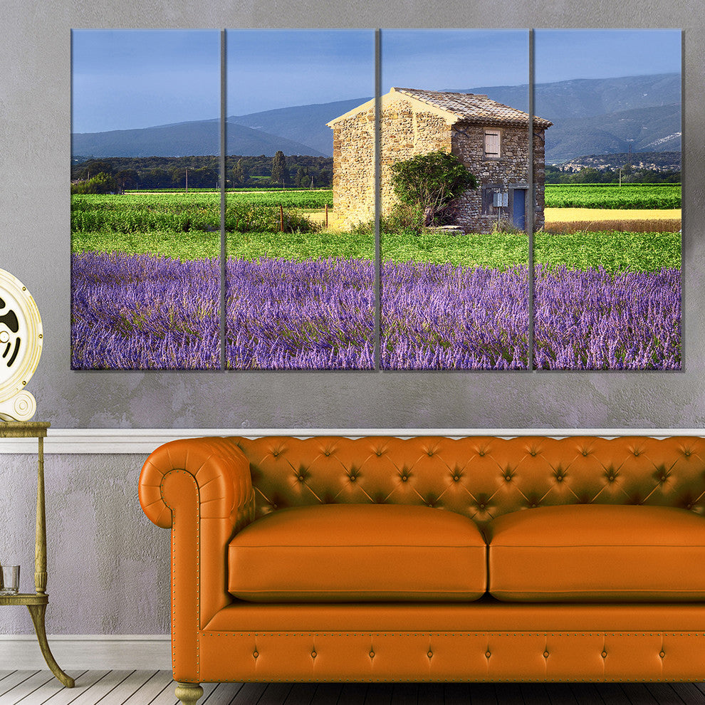 House in the Lavender Field, Landscape Canvas Wall Art, 48"x28", 4 Panels