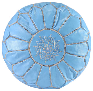 Handmade Moroccan Ottoman, Genuine Leather Pouf, Sky Blue