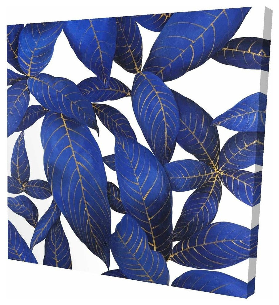 Abstract Modern Blue Leaves, Fine Art Gallery Wrapped Canvas, 24"x24"