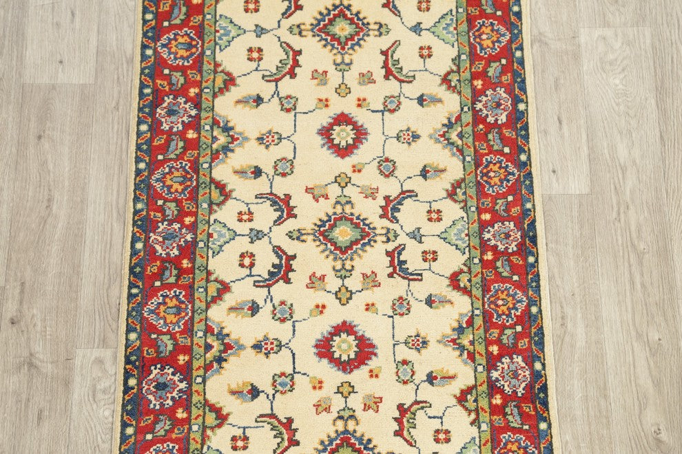 Traditional Kazak Oriental Hand Made Pakistani Wool Runner Rug, Beige, 9'9"X2'9"