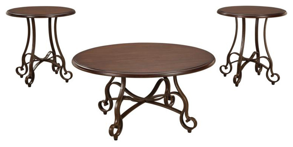 Scrolled Metal Base Tables with Round Wooden Top, Set of Three, Brown and Bronze