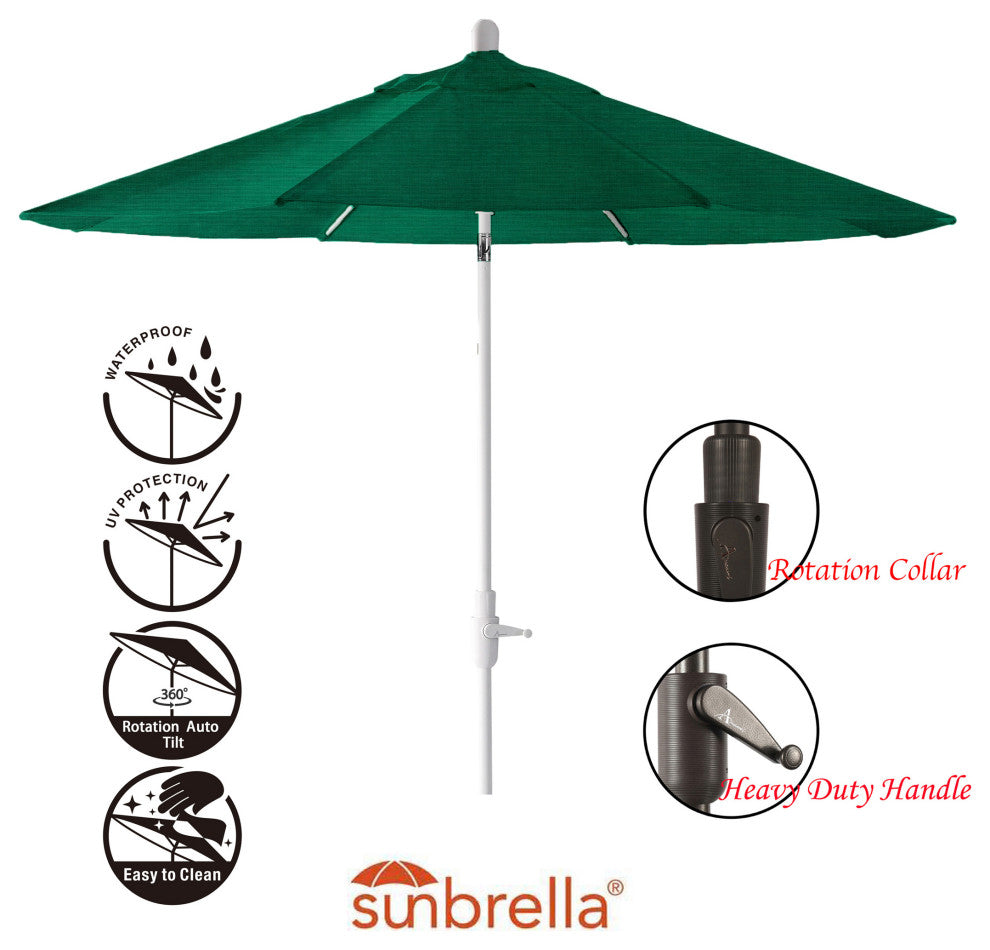 9' Round 360 Rotating Auto Tilt Umbrella, White, Sunbrella, Forest Green