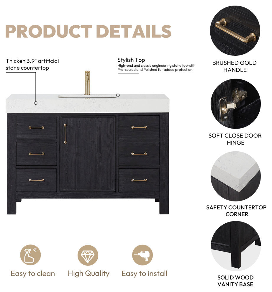 Leon Bath Vanity With Composite Stone Top, Fir Wood Black, 48", With Mirror