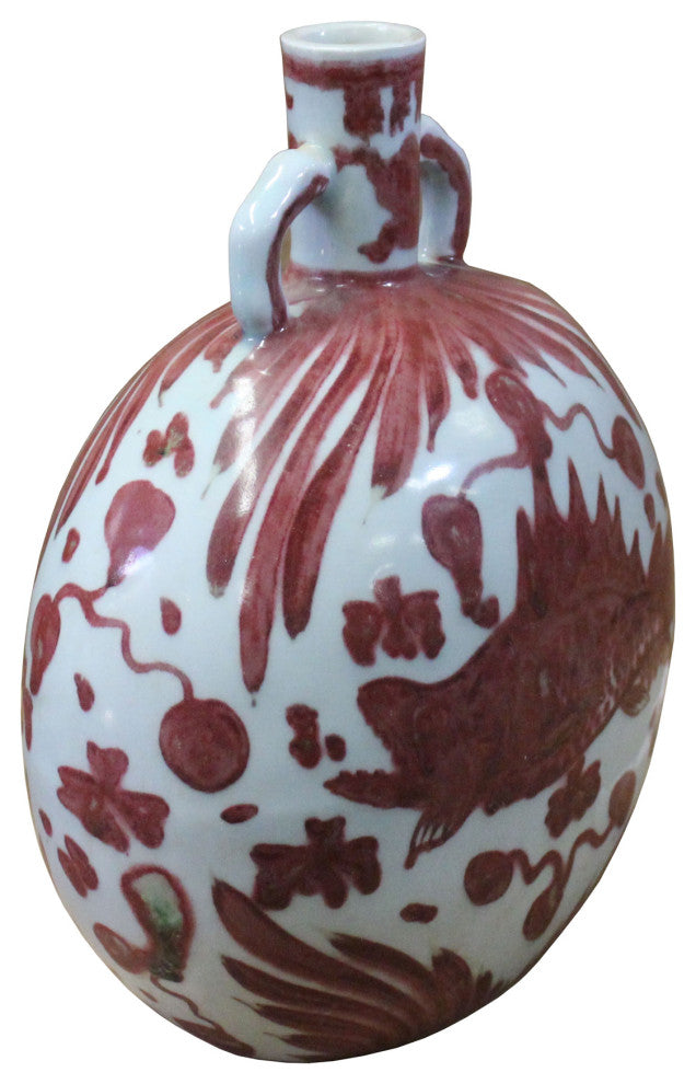 Chinese Oriental Pink Red White Base Fish Graphic Porcelain Vase Hws398