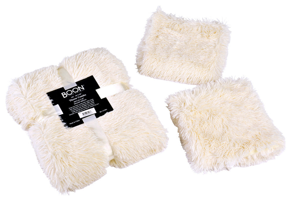 Shaggy Throw Blanket and 2 Pillow Shell 3 Piece Set, Ivory, Throw 50"x60" and 2 Pillow Shells 20"x20"