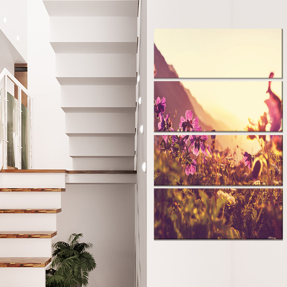 Mountain Pasture with Purple Flowers, Floral Canvas Art Print, 28"x48", 4 Panels