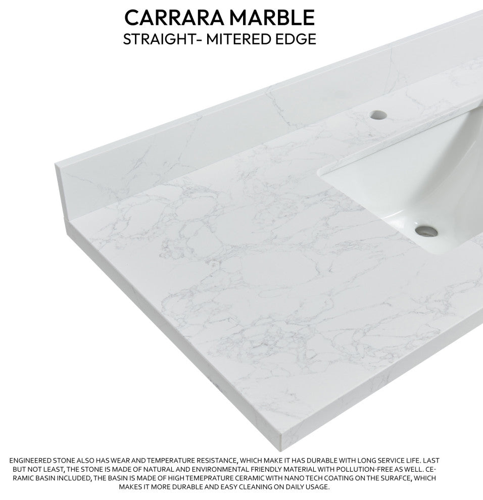 Malaga Composite Stone Vanity Top With Ceramic Sink, Grain White, 49"