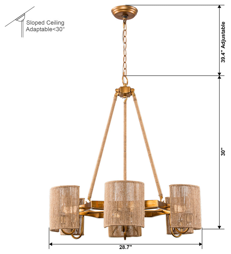 28.74 in. 6-Light Farmhouse Chandelier with Rope Sole shade