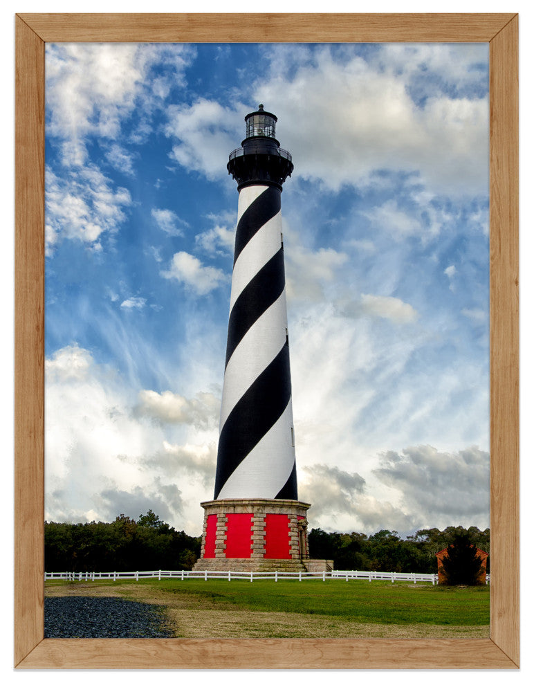 Cape Hatteras Lighthouse Coastal Landscape Framed Photo Paper Wall Art Prints, Red Oak, 16" X 20"