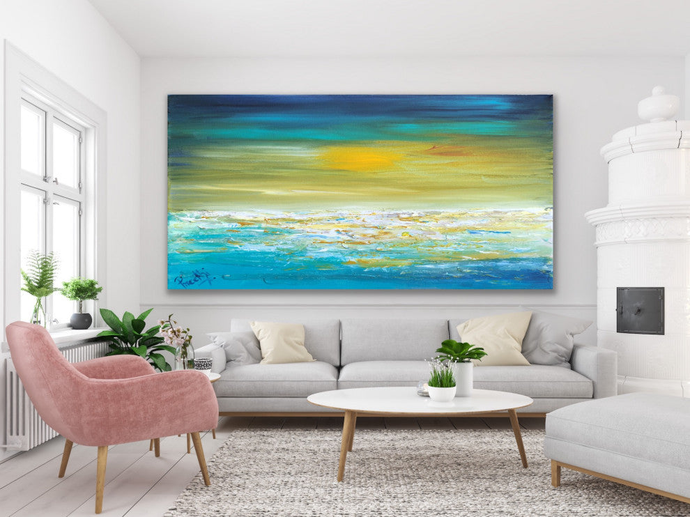 "Beautiful Day" 72x36 inches Large Modern coastal Painting decor Beach Blue