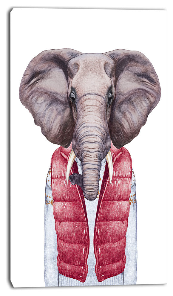 Elephant in Vest and Sweater, Contemporary Animal Art Canvas, 16"x32"