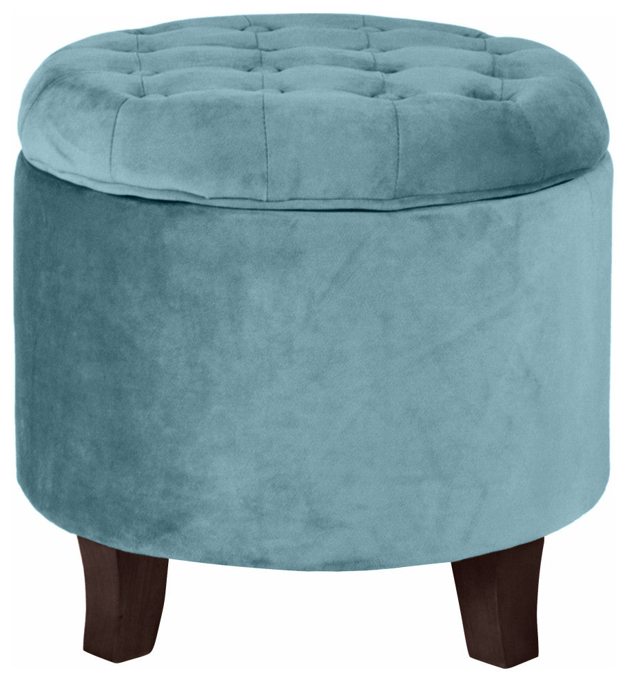 Benzara BM194925 Velvet Wooden Ottoman With Hidden Storage, Blue and Brown