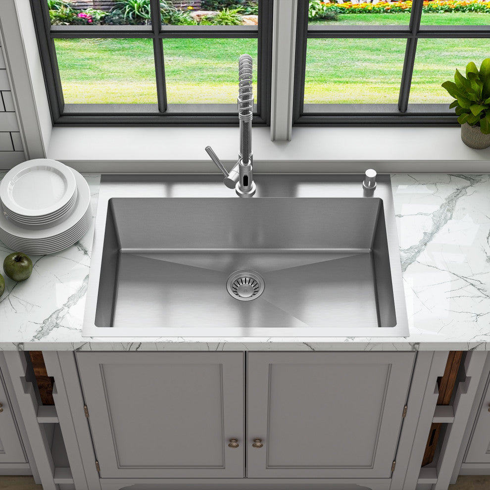 Sinber Single Bowl Kitchen Sink with 304 Stainless Steel Satin Finish, 33"x22", Drop in