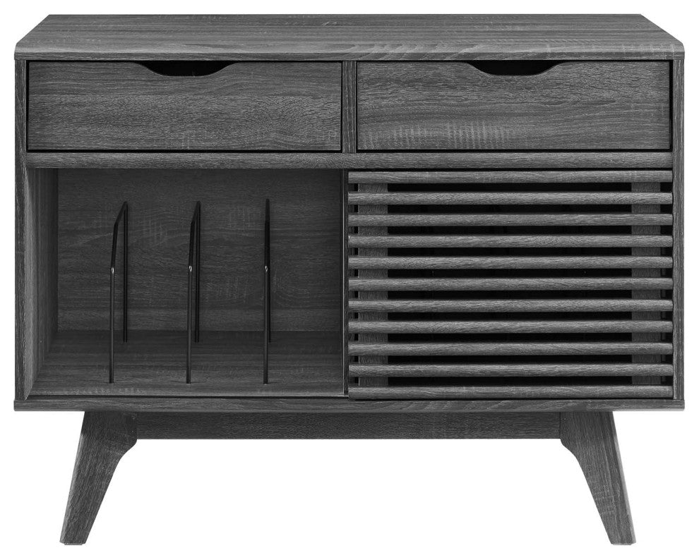 Vinyl Record Side Table Cabinet Stand, Charcoal Gray, Wood, Mid Century
