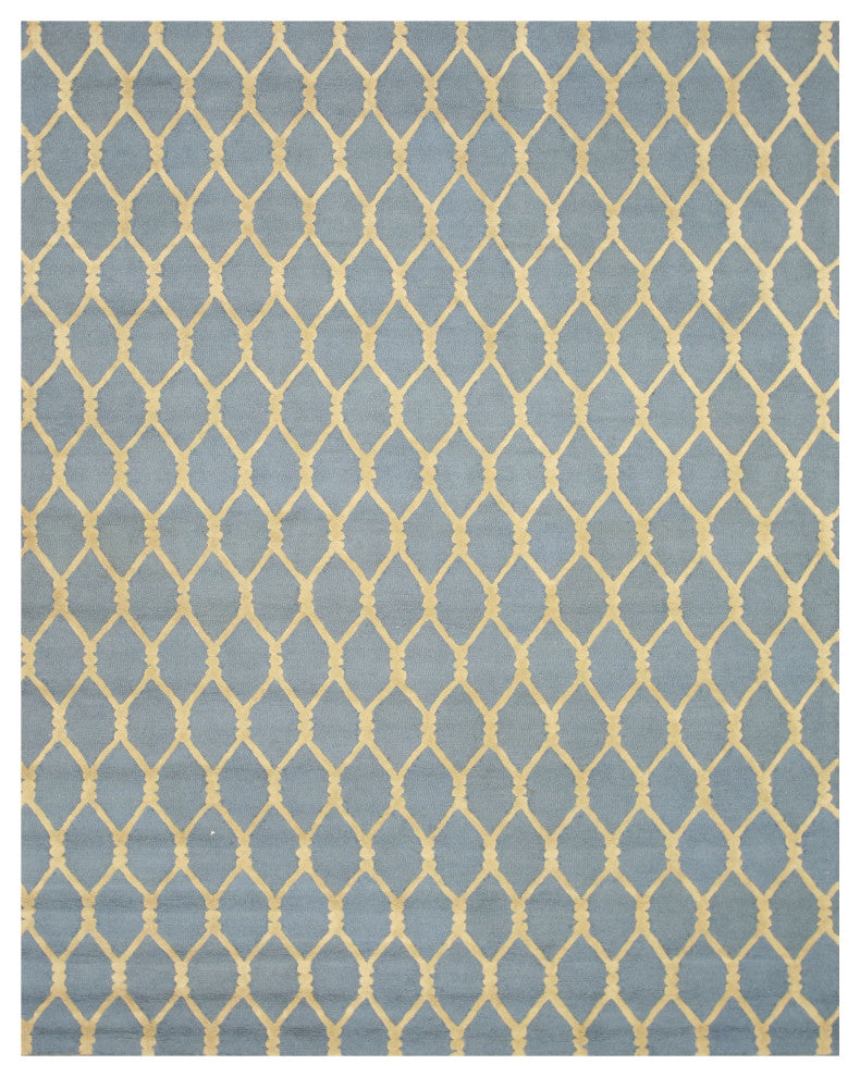Hand-Tufted Wool Blue Transitional Geometric Chain-Link Rug, 5' X 8'