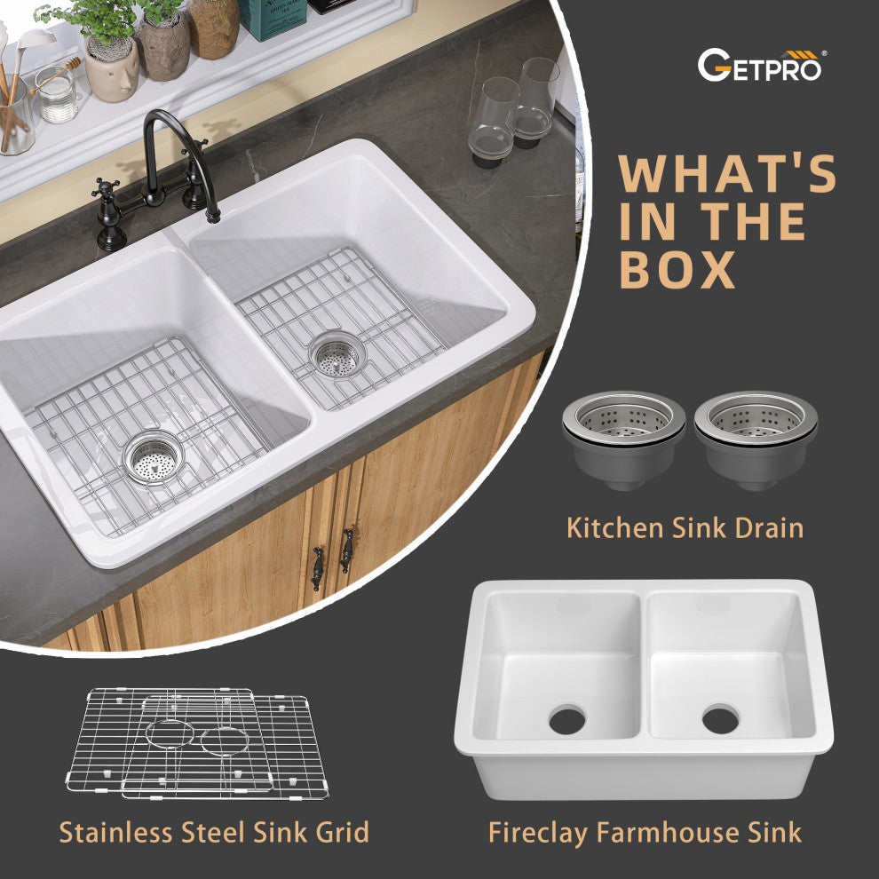 32"Lx19"W Drop-In Double Bowl Farmhouse Fireclay Kitchen Sink With Accessories