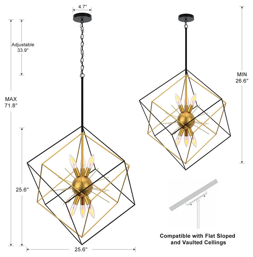 6 Light Modern Sputnik Chandelier Adjustable Black and Gold Cage Pendant Lamp