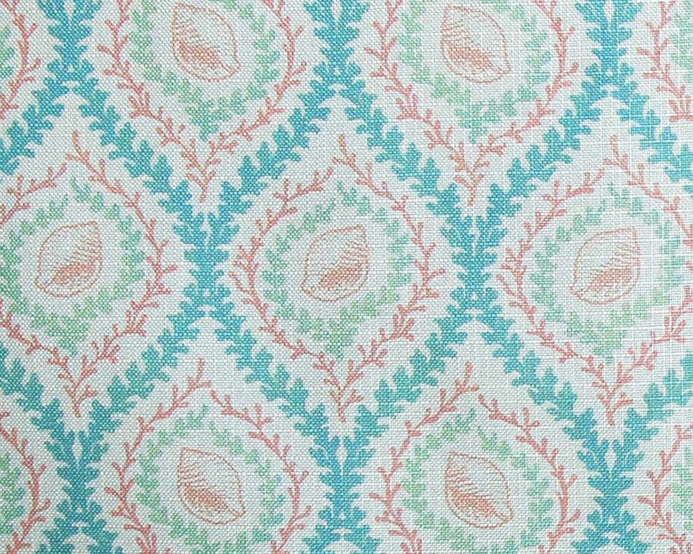 Pink Seashell Fabric Coral Green Blue Ocean Trellis Upholstery Material, Sample