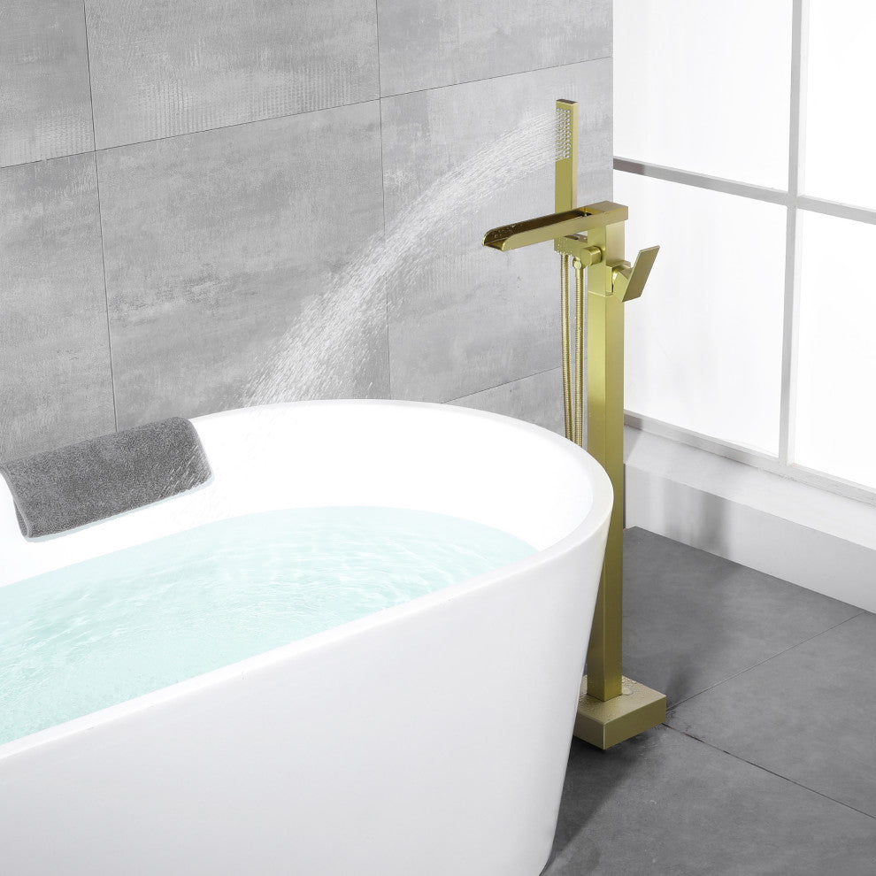 Waterfall Floor Mounted Tub Faucet With Hand Held Shower, Brushed Gold