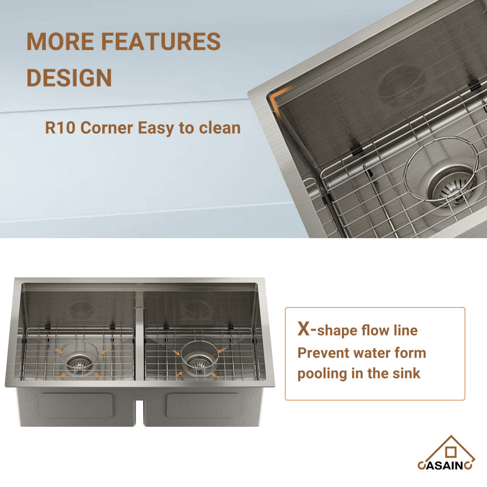 33in Stainless Steel Double Bowl Undermount Workstation Kitchen Sink/ Faucet, Brushed Nickel