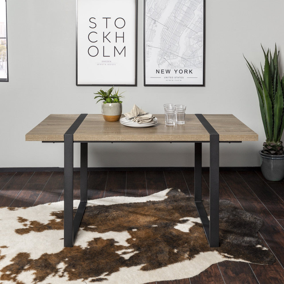 Industrial Dining Table, Warp Around Metal Legs & Rectangular Top, Brown