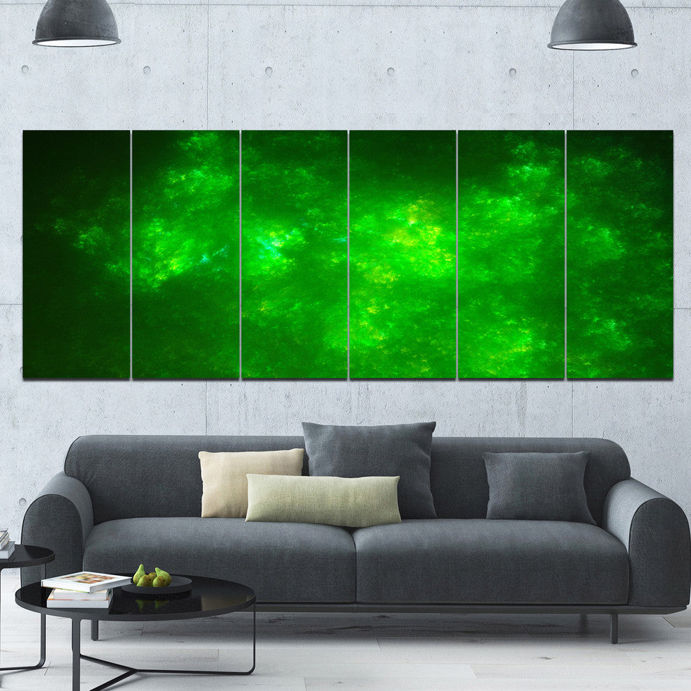 Bright Green Fractal Sky with Stars, Abstract Canvas Print, 70"x28", 6 Panels